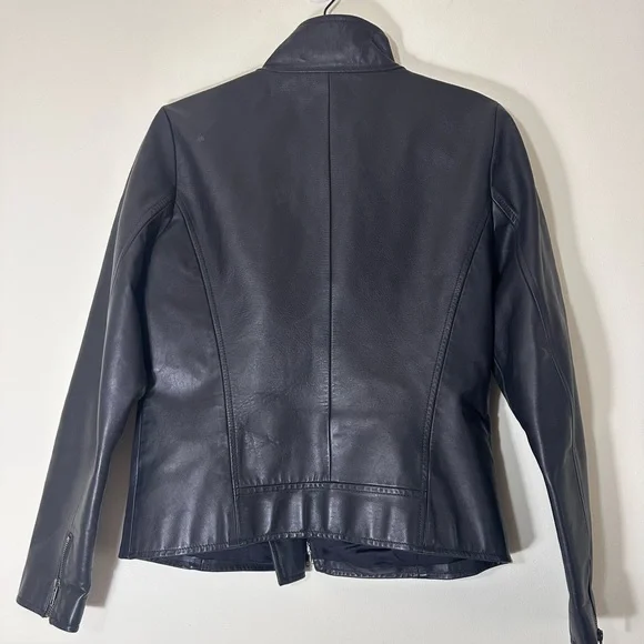 Eileen Fisher Leather black moto biker jacket Asymmetrical zip size small - Picture 7 of 16